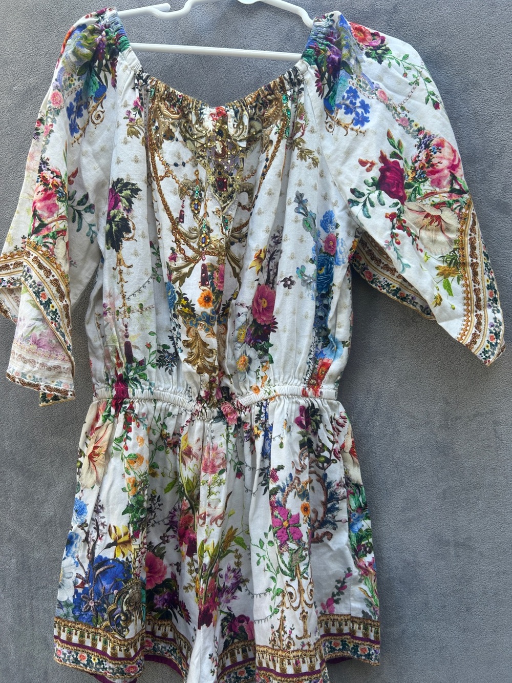 Mills by Camilla Floral White Off-Shoulder Romper - Boho Garden Print sz6 -2US